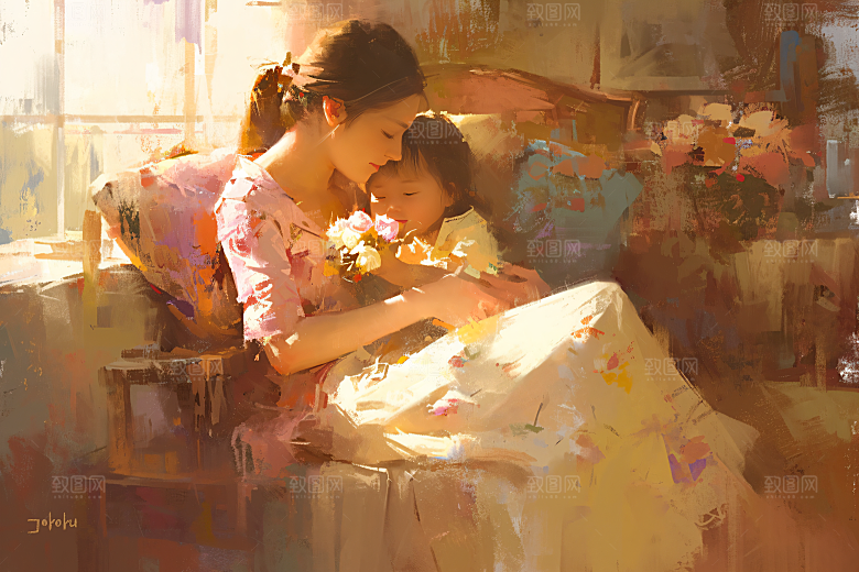 母亲节氛围感人物温馨油画