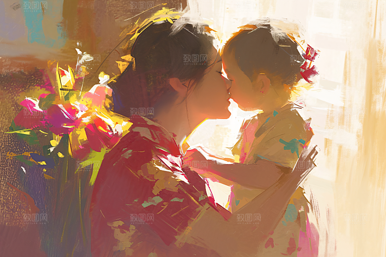 母亲节氛围感母亲与孩子亲情油画
