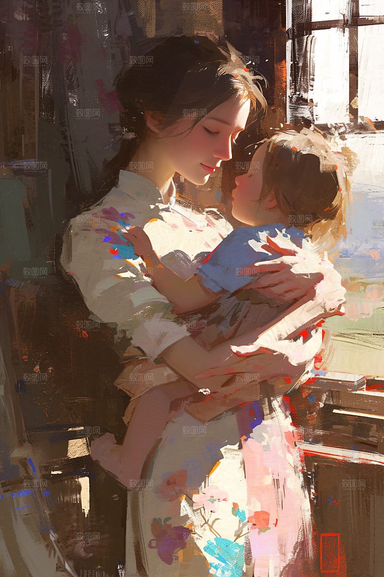 母亲节氛围感手绘母亲与孩子油画