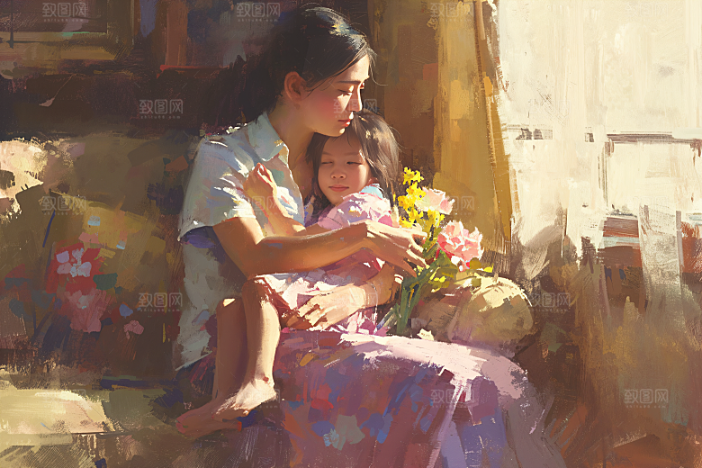 母亲节氛围感人物母子油画