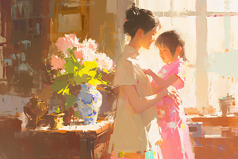 母亲节氛围感亲子母子油画