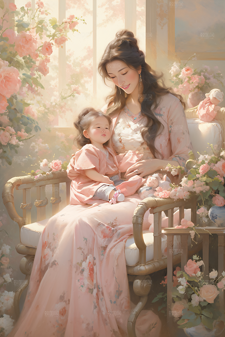 母亲节氛围感家庭亲子油画