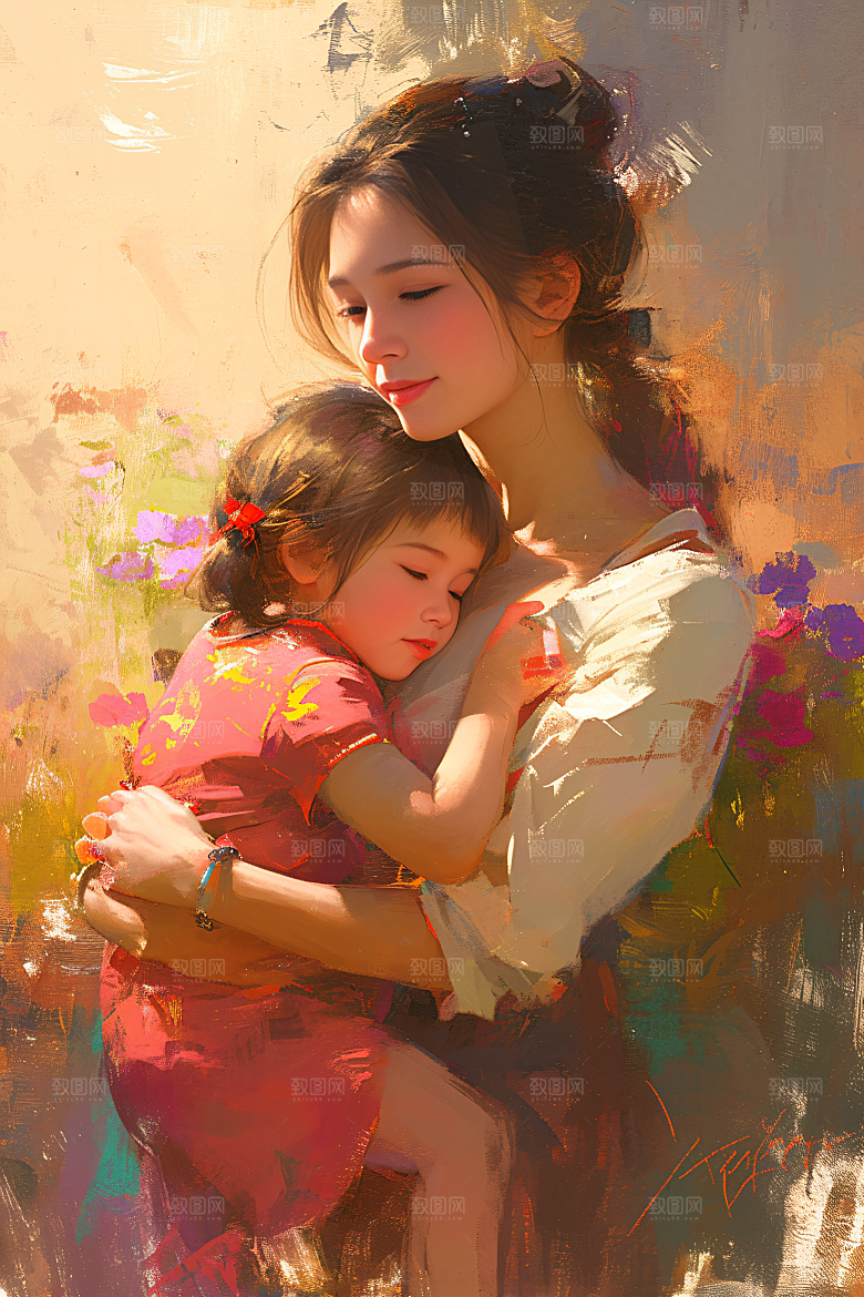 母亲节氛围感人物母子油画
