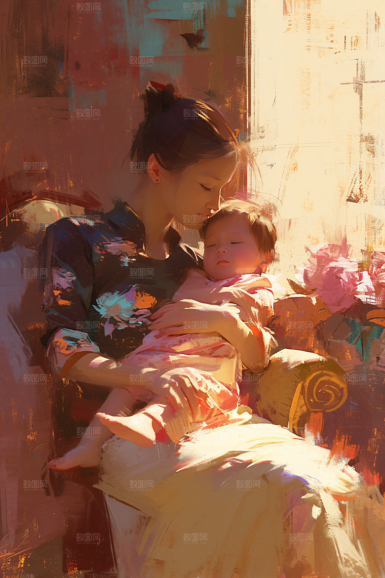 母亲节氛围感母亲与孩子人物油画