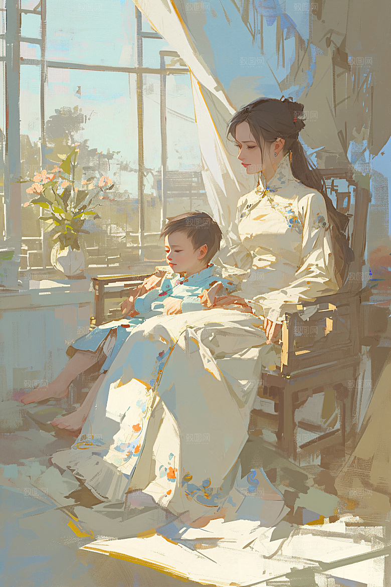 母亲节氛围感温馨母亲与孩子油画