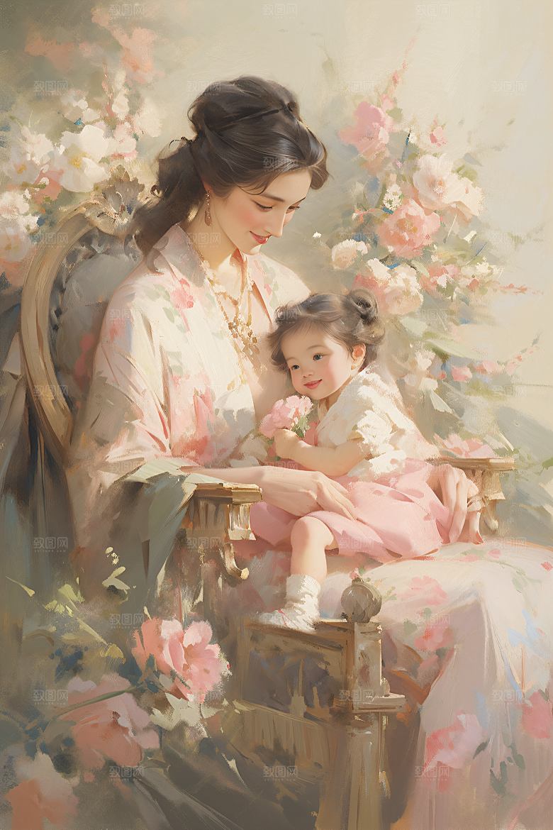 母亲节氛围感母亲与孩子亲情油画