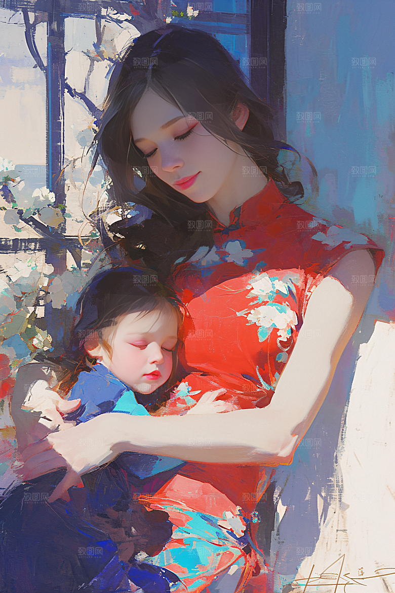母亲节氛围感母爱母子油画