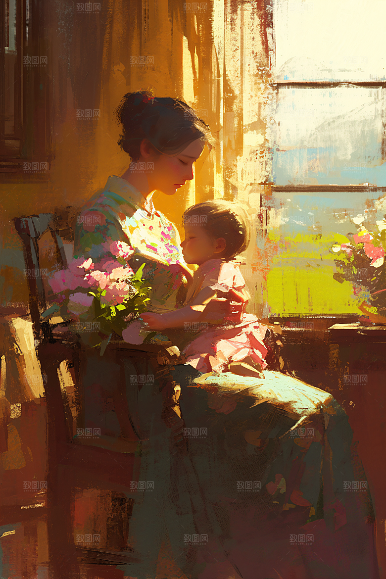 母亲节氛围感母子人物油画