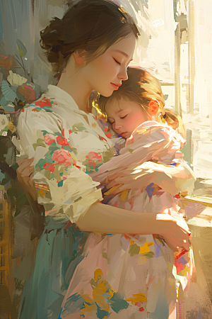 母亲节氛围感母子家庭油画