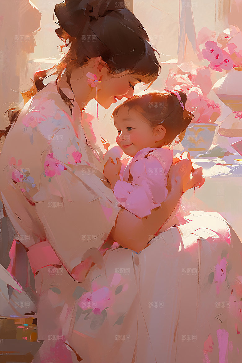母亲节氛围感人物家庭油画
