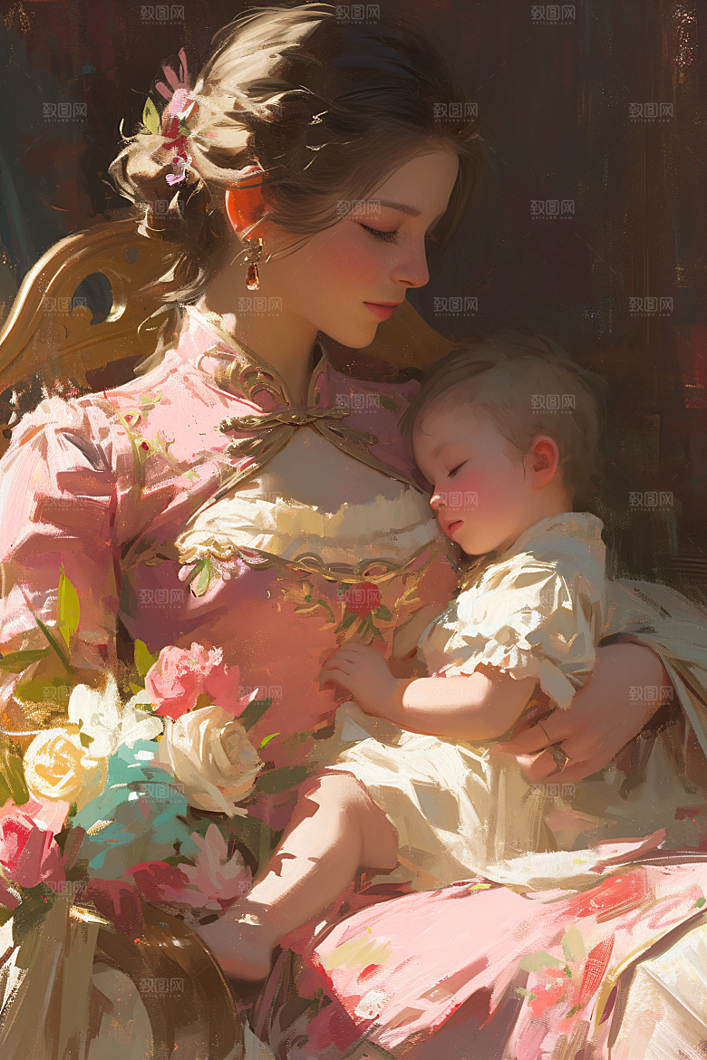 母亲节氛围感手绘家庭油画