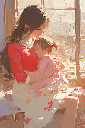 母亲节氛围感亲子家庭油画