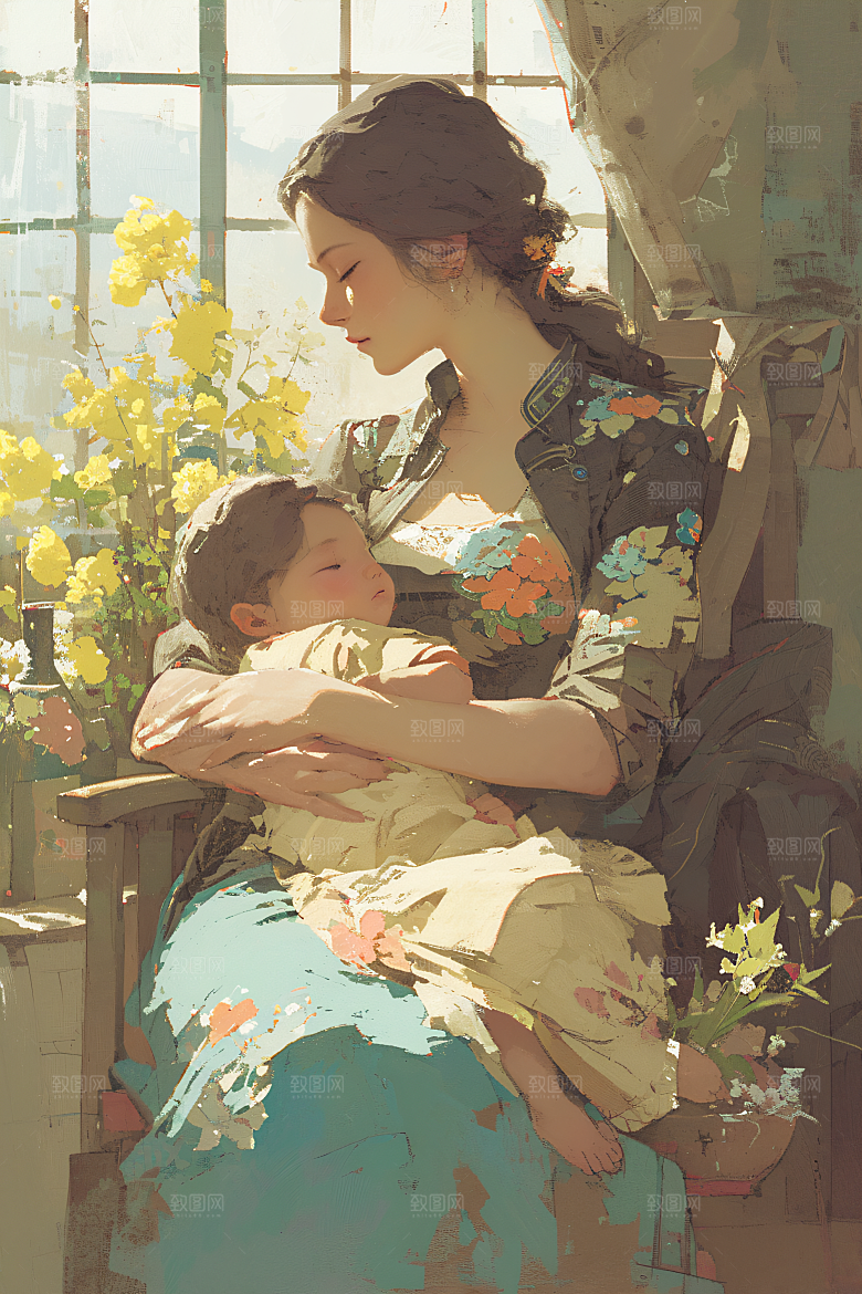母亲节氛围感母子手绘油画