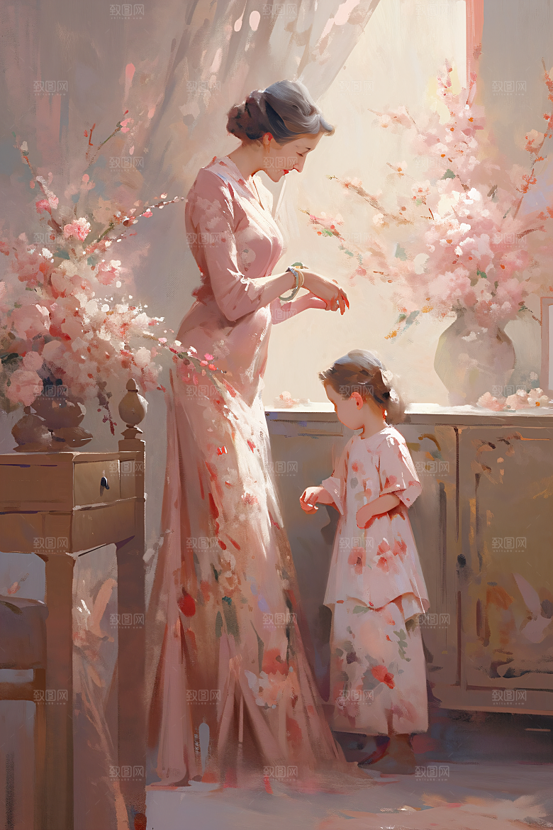 母亲节氛围感温馨人物油画