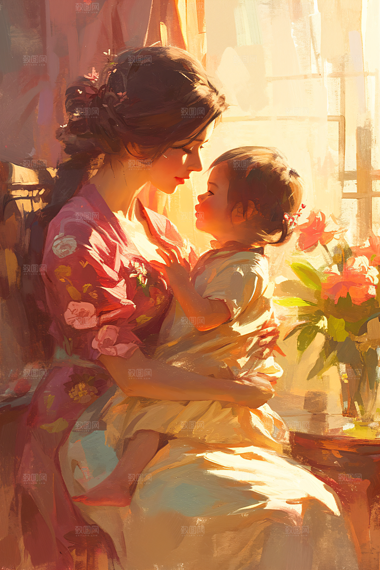 母亲节氛围感手绘母亲与孩子油画