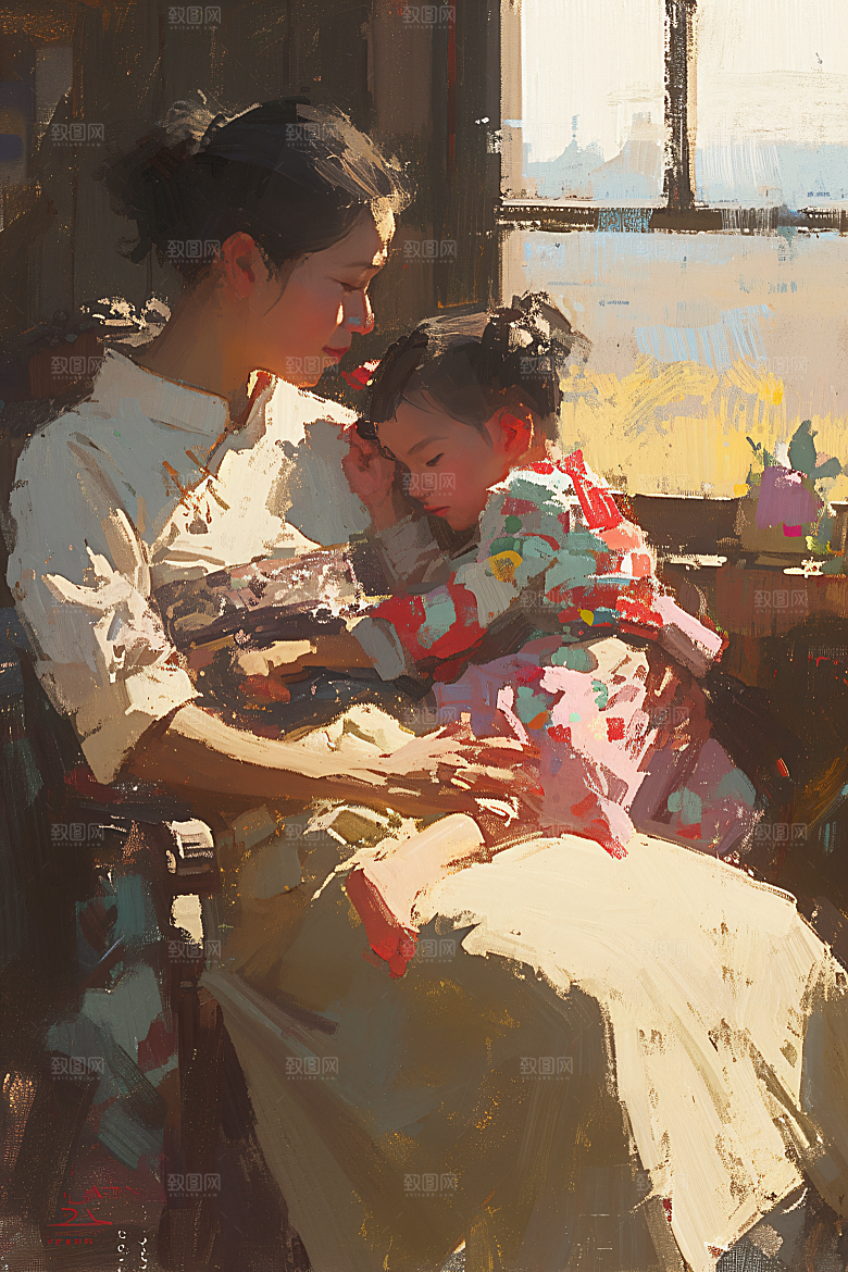母亲节氛围感母亲与孩子母子油画