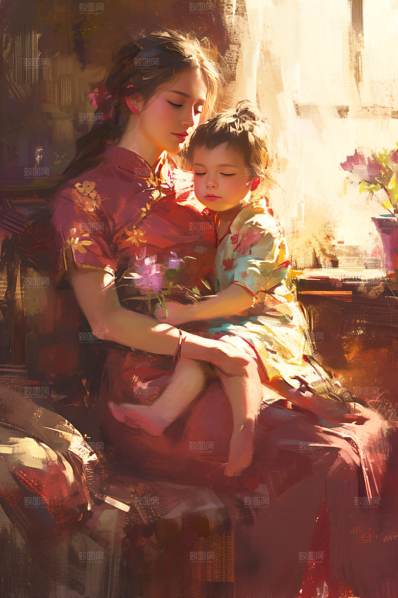 母亲节氛围感母亲与孩子母爱油画