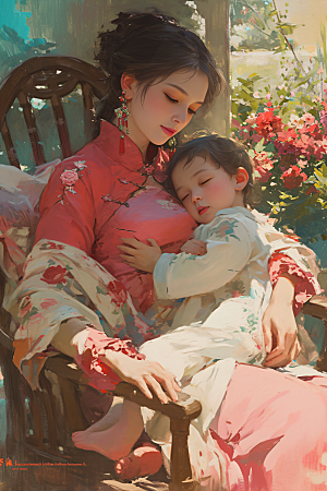 母亲节氛围感温情家庭油画
