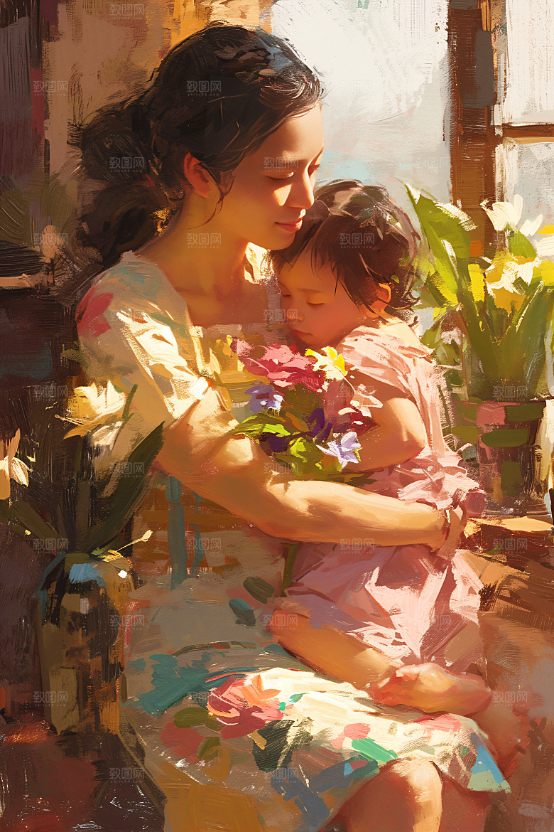 母亲节氛围感母亲与孩子手绘油画