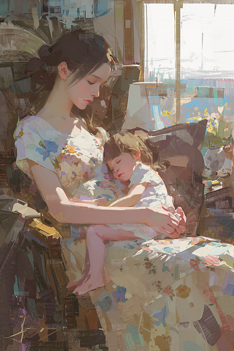 母亲节氛围感亲子母子油画