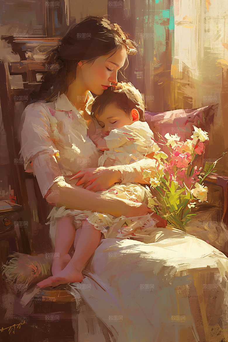 母亲节氛围感母亲与孩子母子油画