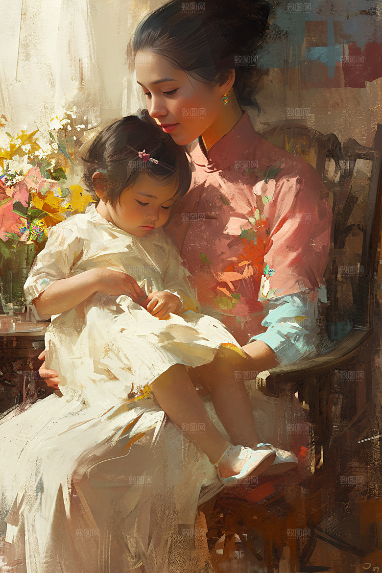 母亲节氛围感亲子温馨油画