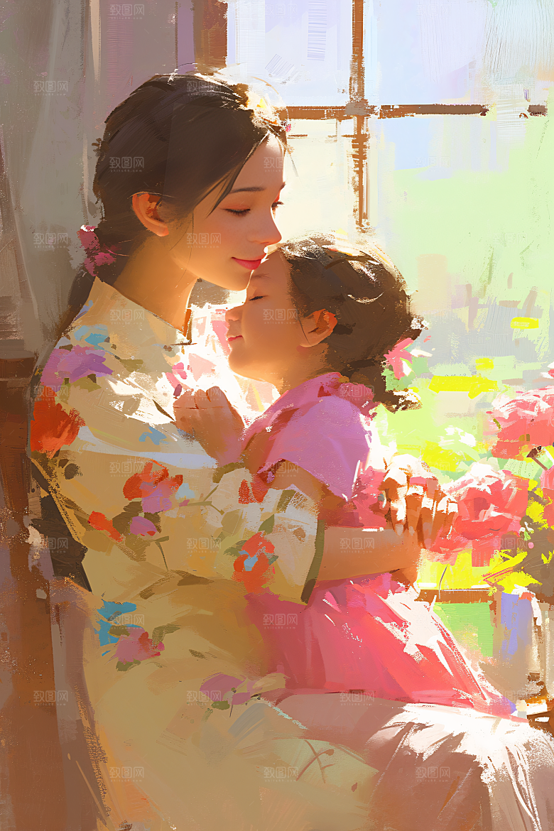 母亲节氛围感母子人物油画