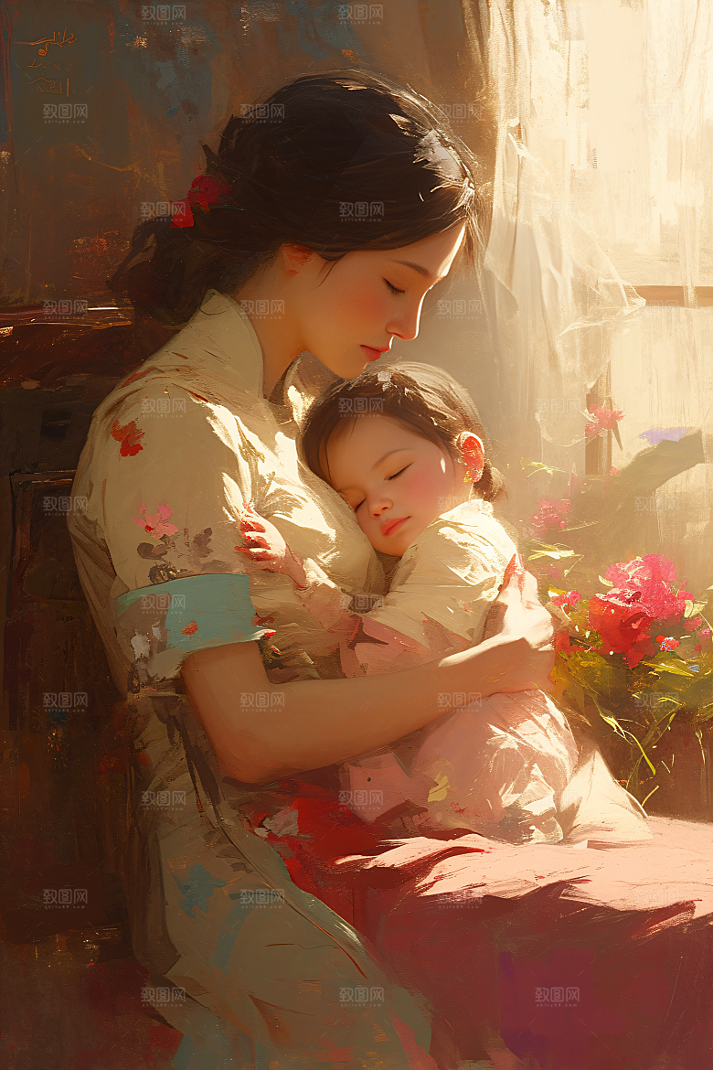 母亲节氛围感亲子母子油画