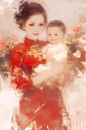 母亲节氛围感温情母亲与孩子油画