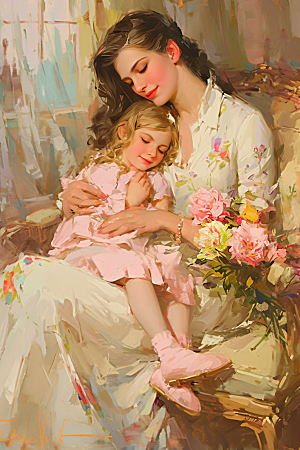 母亲节氛围感家庭母子油画