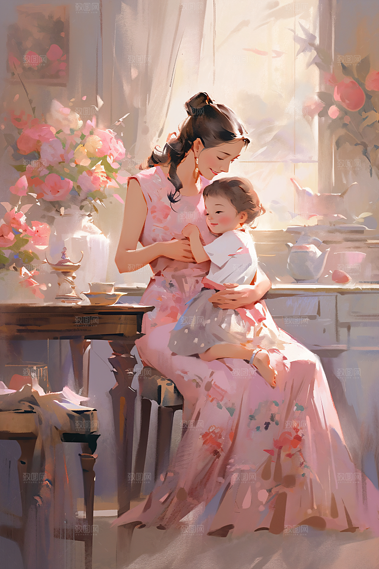 母亲节氛围感母子母爱油画