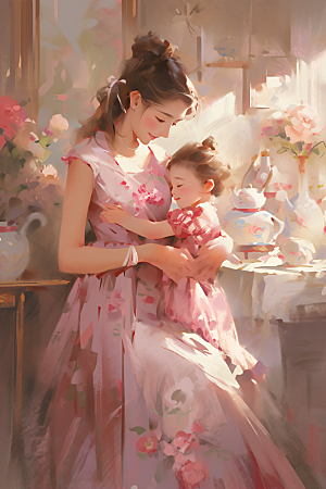 母亲节氛围感温情家庭油画