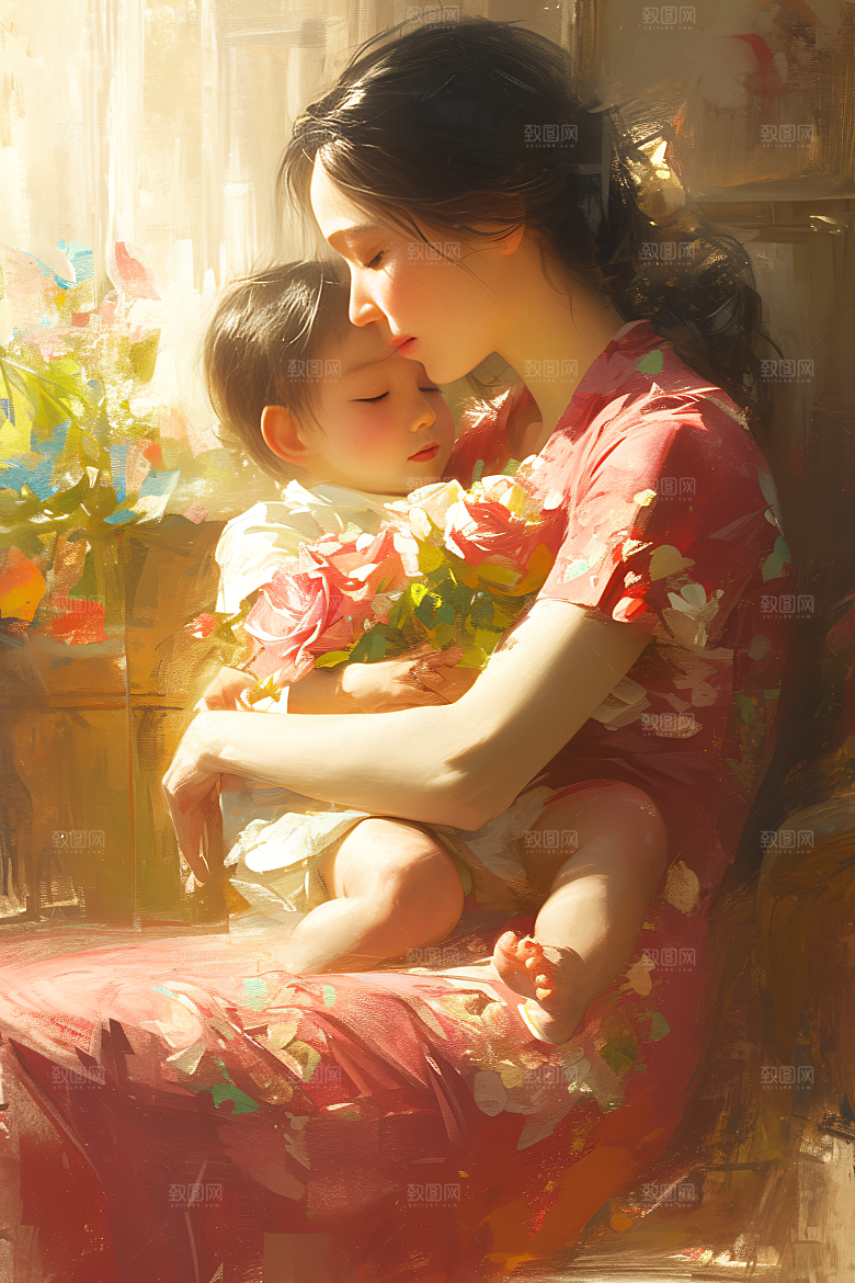 母亲节氛围感母子家庭油画