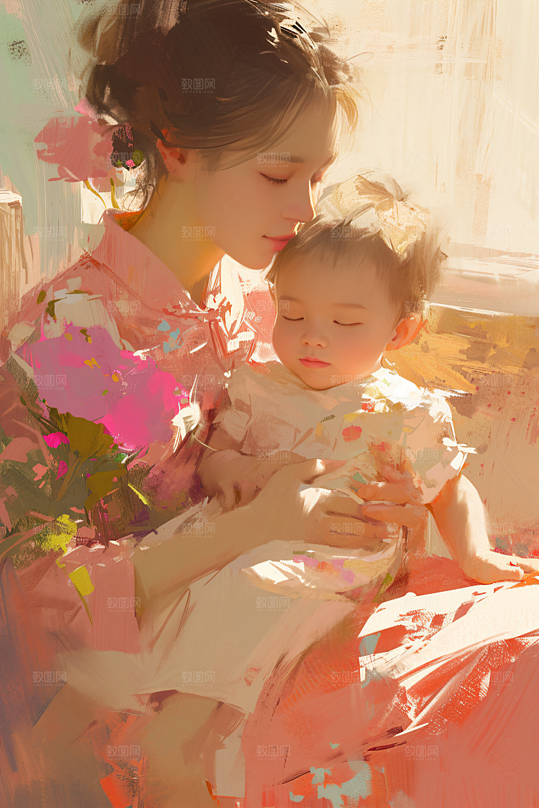 母亲节氛围感亲子家庭油画