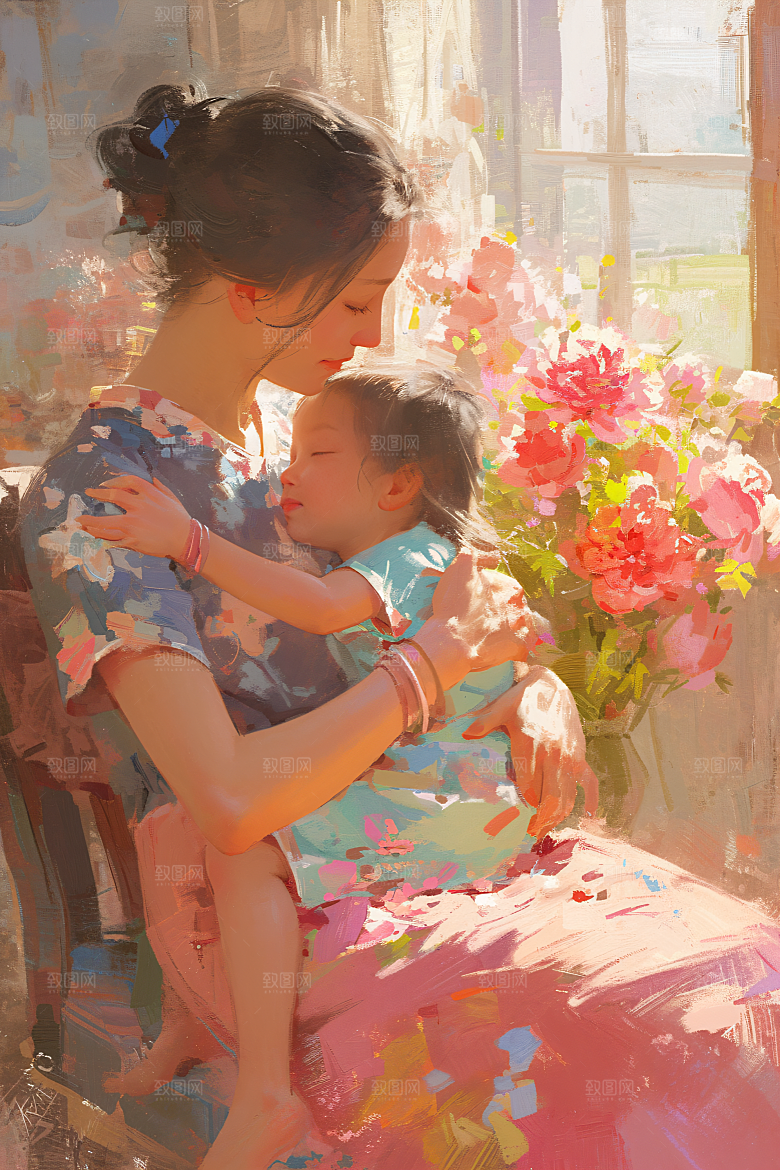 母亲节氛围感亲情母子油画