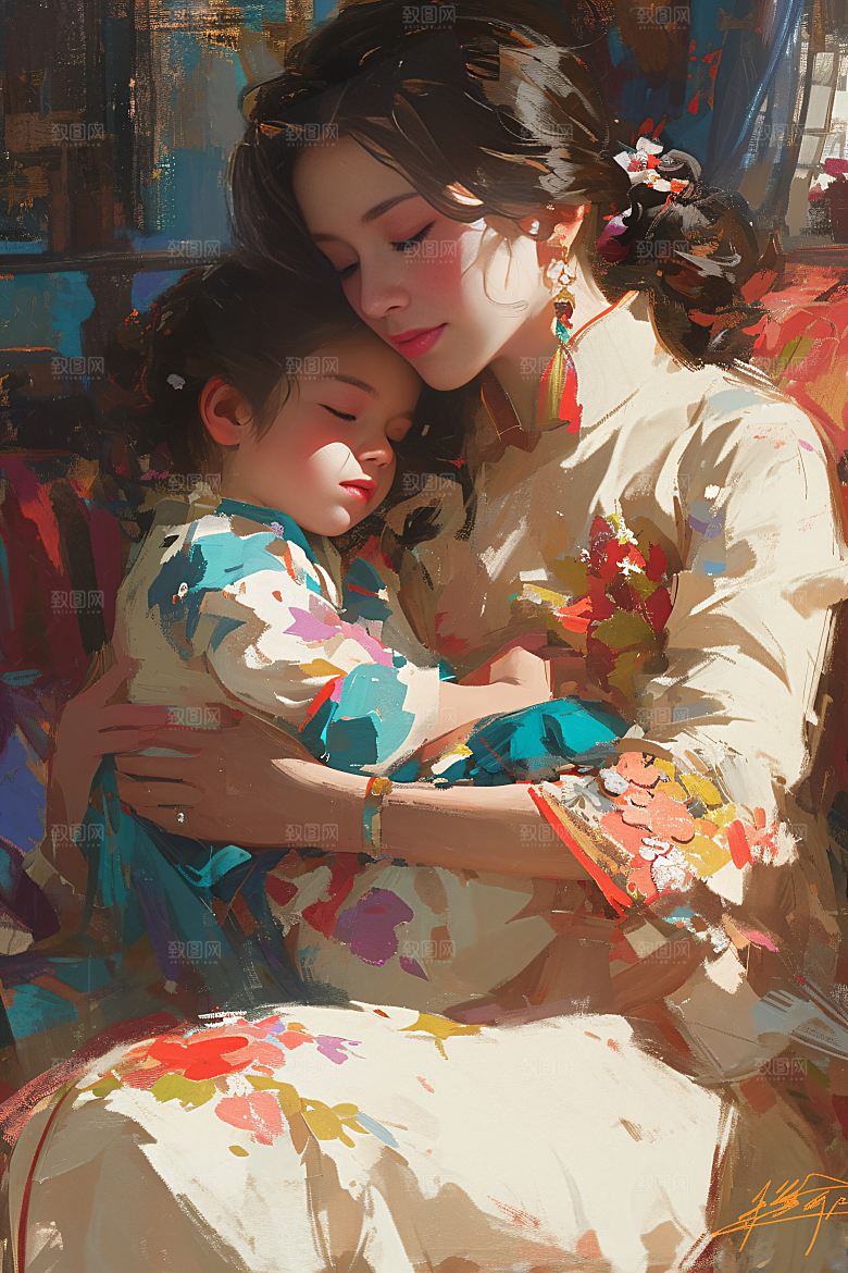 母亲节氛围感温情母子油画