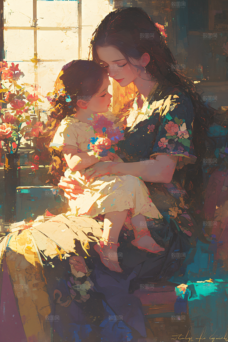 母亲节氛围感温情人物油画