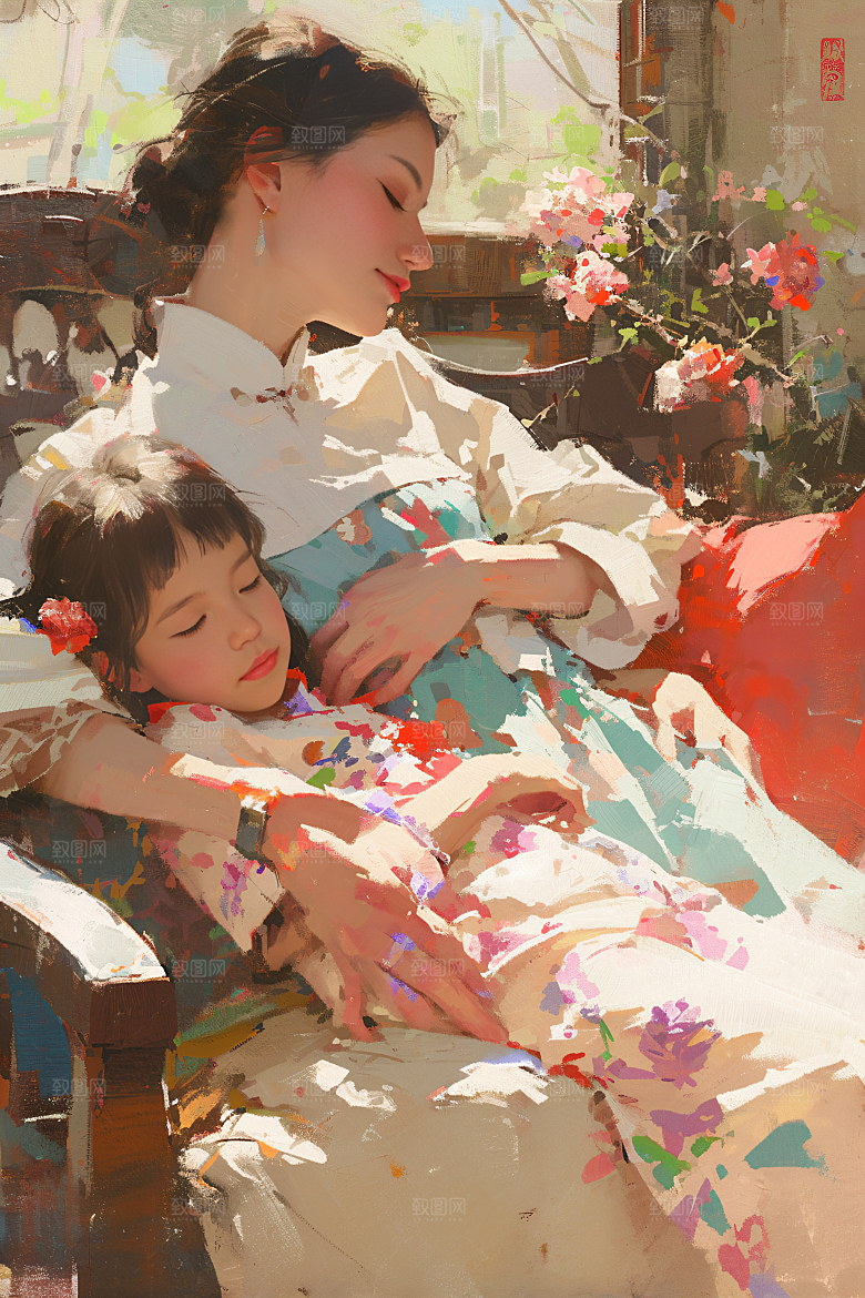 母亲节氛围感家庭母亲与孩子油画