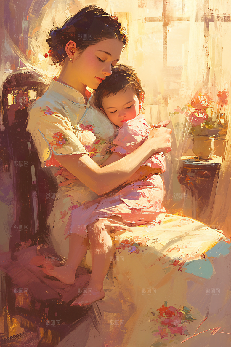 母亲节氛围感温馨亲情油画
