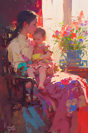 母亲节氛围感母亲与孩子温情油画