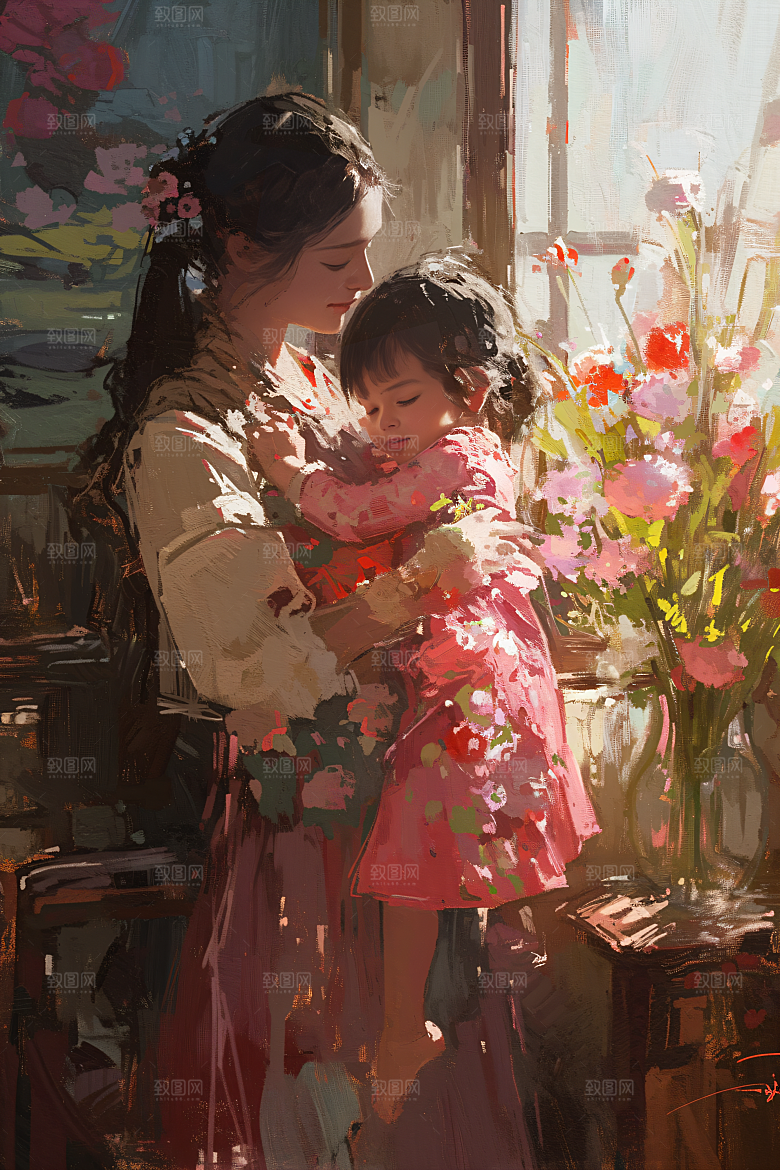 母亲节氛围感温馨人物油画