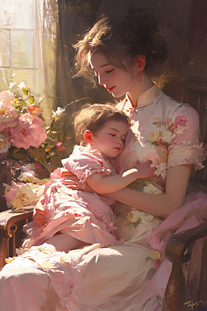 母亲节氛围感母爱家庭油画