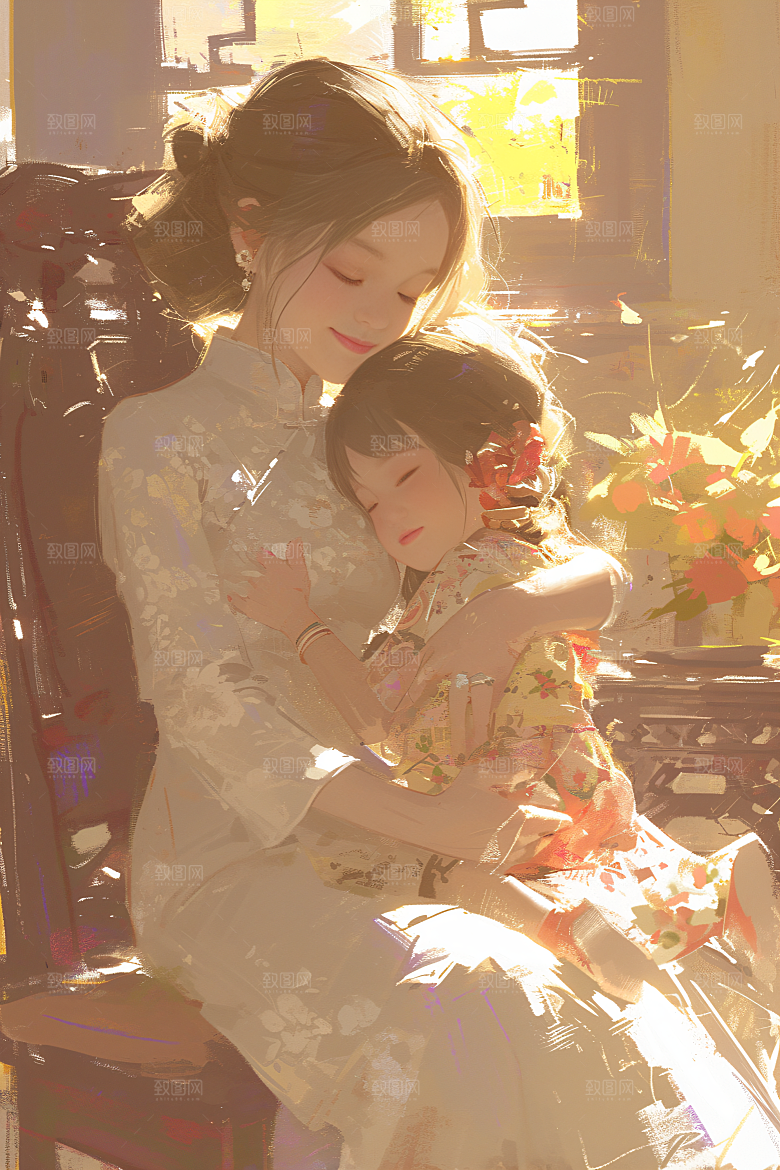 母亲节氛围感母子家庭油画