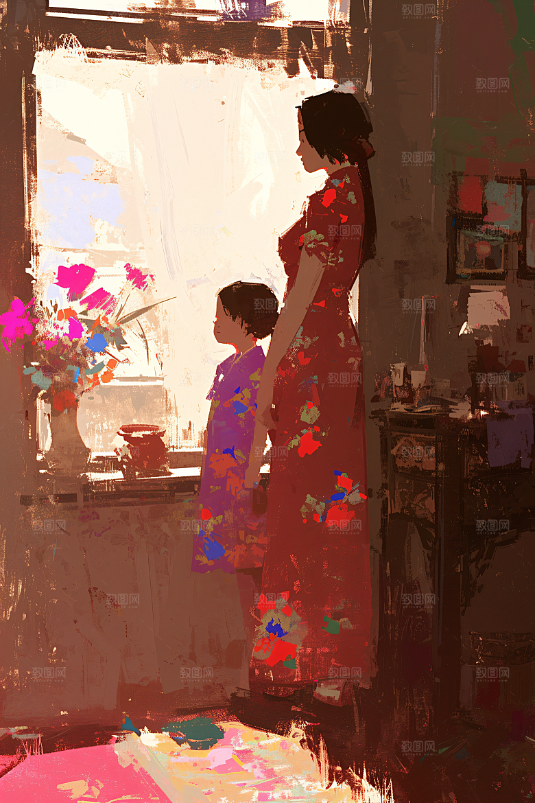 母亲节氛围感人物母爱油画