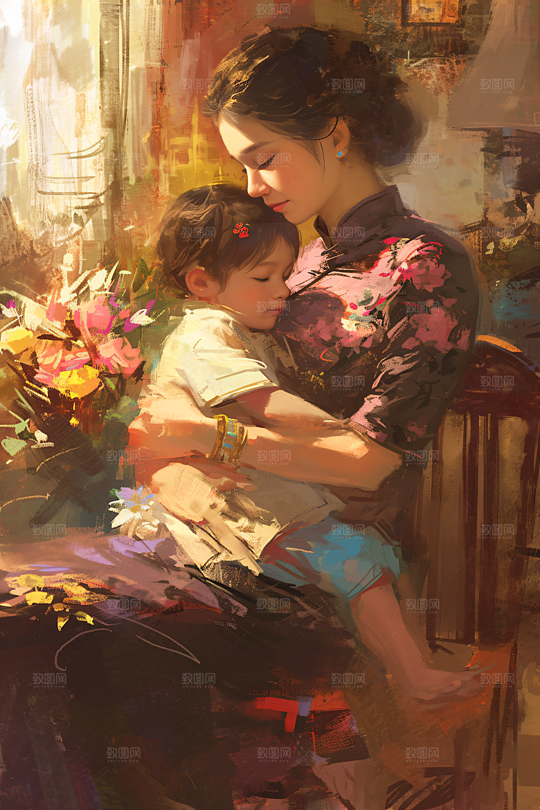 母亲节氛围感亲情母子油画