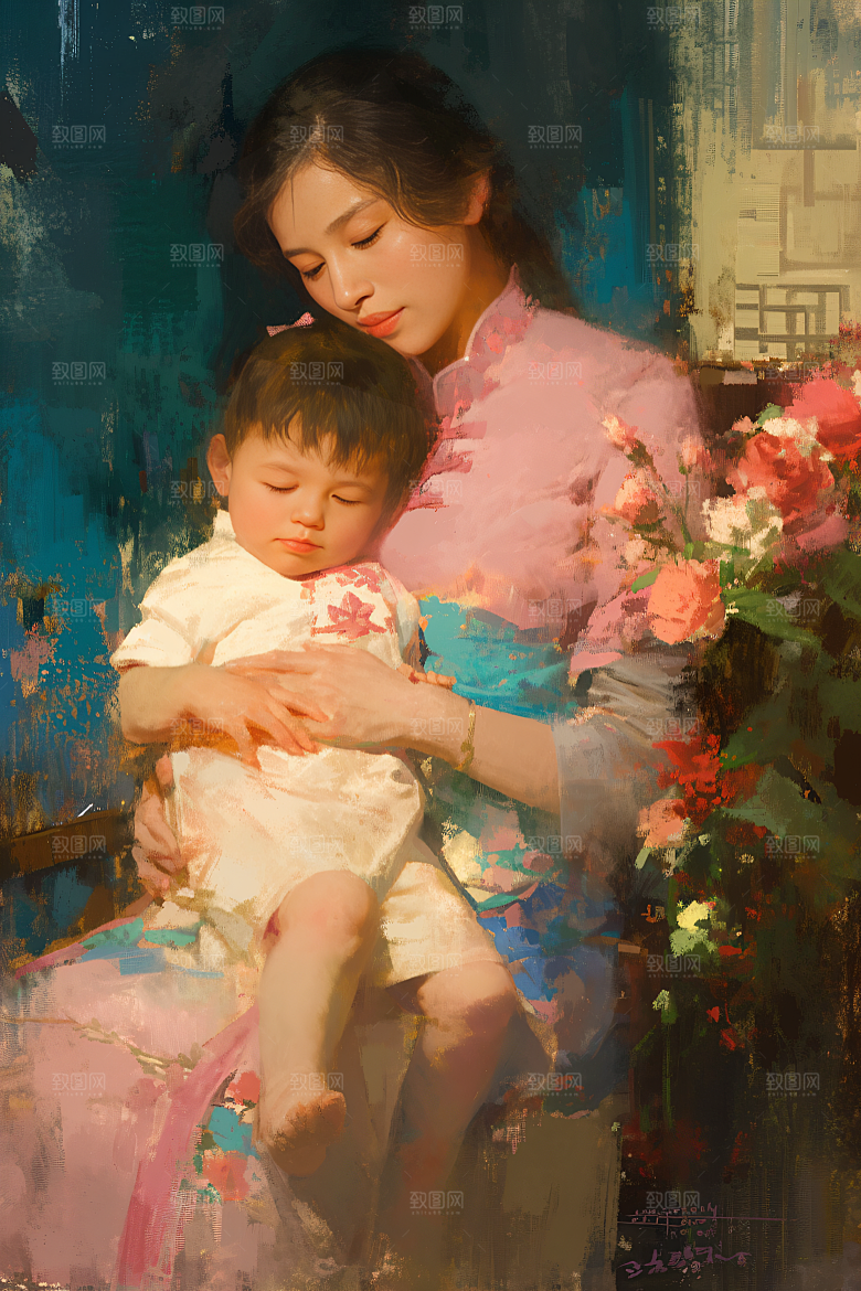 母亲节氛围感手绘母亲与孩子油画