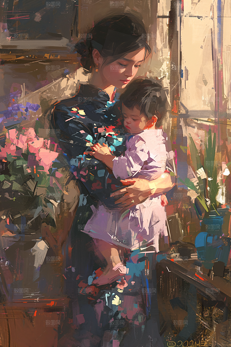 母亲节氛围感母子亲子油画