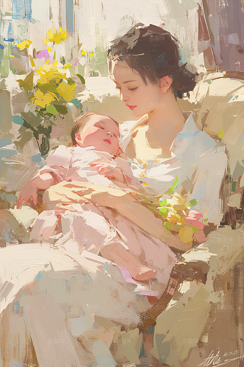 母亲节氛围感人物温情油画