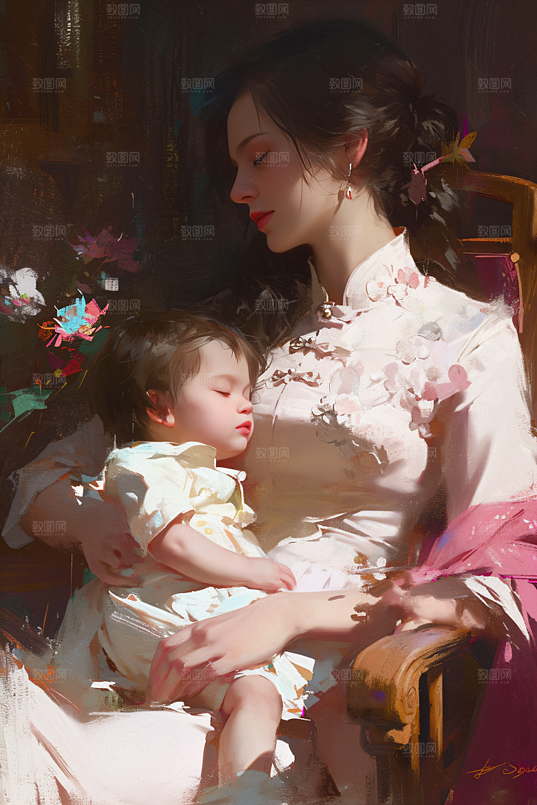 母亲节氛围感温情家庭油画