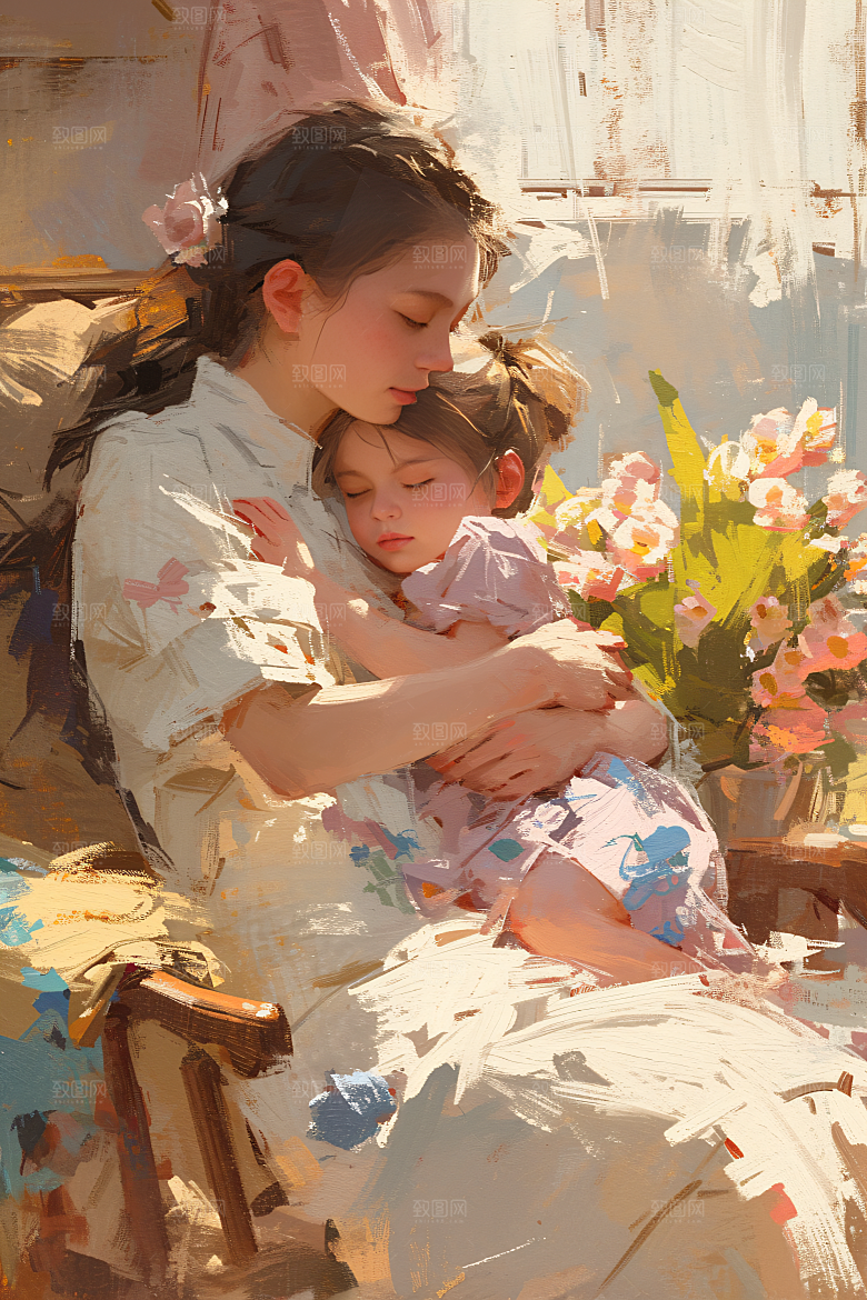 母亲节氛围感手绘亲子油画